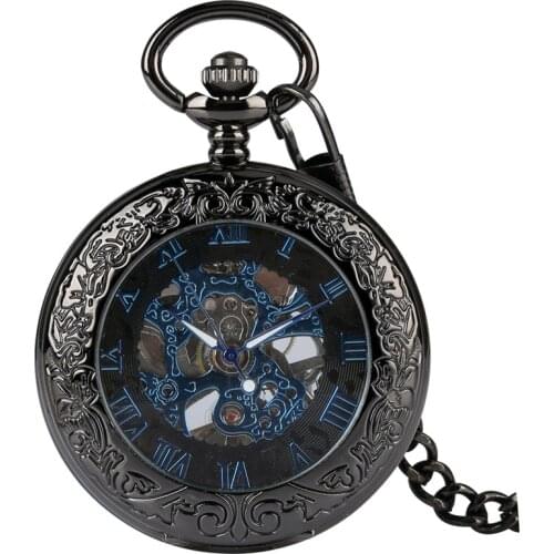 Antique Pendant Watches Roman Numbers Transparent Men Women Mechanical Hand Wind Pocket Watch Fob Pendant Chain Luminous Hands