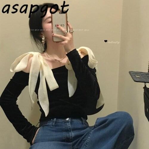Lace Up Black Velvet Blouse Women Slash Neck Sexy Temperament Fashion Chic Korean Slim Long Sleeve Clothing Blusas Wild