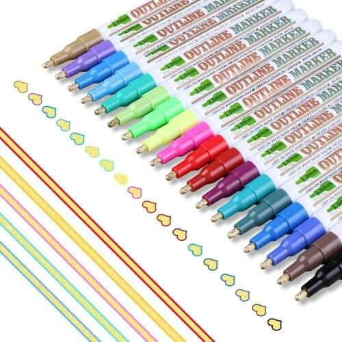 Double Line Outline Pens 18 Colors Self Outline Metallic Markers Double Line Pen Doodle Dazzle Markers for Art, Drawing,Posters