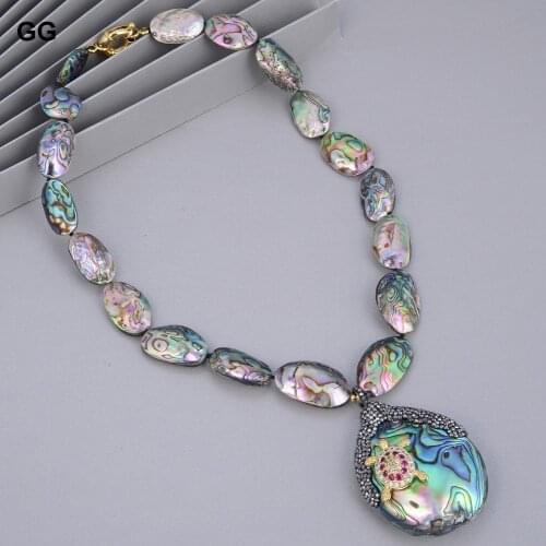 GG Jewelry 19'' Narural Oval Abalone Shell Chocker Necklace CZ Tortoise Zircon Paved Pendant For Women