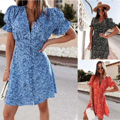 Deep V Neck Short Sleeve Print Dresses Women Summer Fashion Single Breasted Lady Party Club Slim Mini Dress 2021 Female Clothing