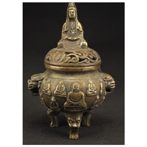 Exquisite Decorated Handwork Old Copper Buddha Kwan-yin Incense Burner