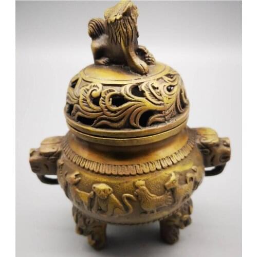 China brass lion head zodiac incense burner crafts statue
