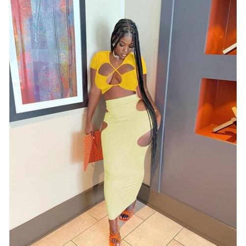 Fashionable Sexy Streetwear Womens Short Sleeve Hollow Out T Shirt Crop Top+Side Cut Out Package Hip Drawstring Long Maxi Skirt