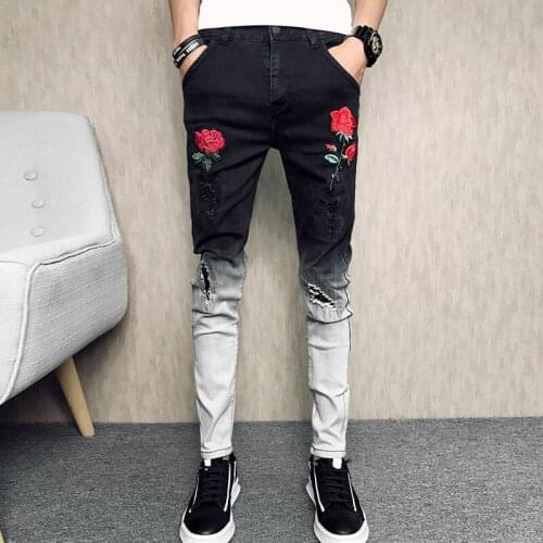 Men 2019 Fashion Rose flower Embroidery Jeans Casual Slim Fit Black Hip Hop Denim Pants Slim feet Trousers