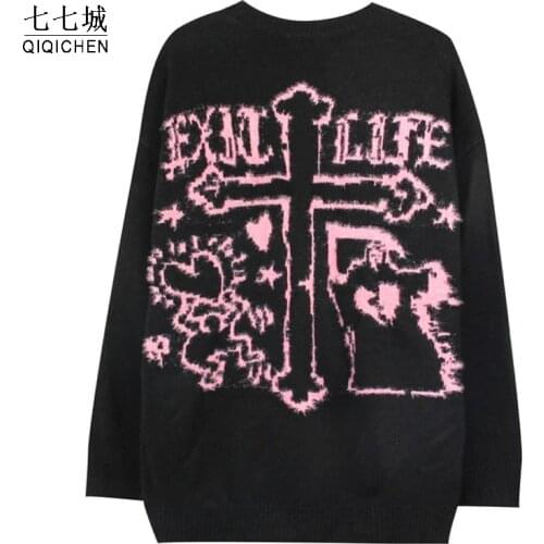 Mens Hip Hop Knitting Sweater Love Cross Pattern Oversized Knit Pullover Women Streetwear Punk Cotton Warm Sweaters Black New