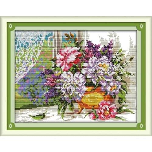 Cross Stitch Kit DIY flowers on the windowsill 11CT 14CT printed fabric DMC embroidery material package wholesale map