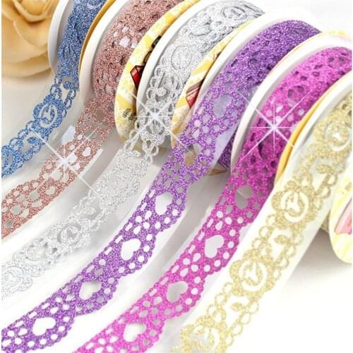 Pack of 7 Cute Lace Flower Bling Glitter DIY Decorative Washi Tape Sticky Paper for Scrapbooking and Crafts (7pcs Random color)