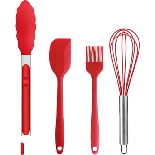 4 PCS Silicone Kitchen Utensils Set Egg Whisk Angled Spatula Oil Brush Food Tong Heat Resistant Cooking Wares Scratch-free