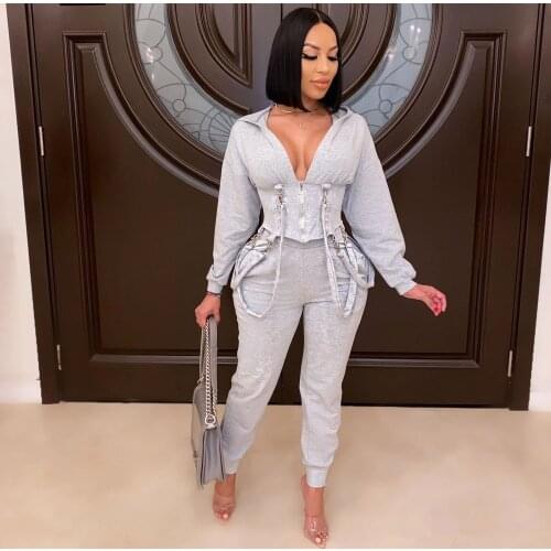 Fall Casual Two 2 Piece Set Women Harajuku Outfits Zipper Bandage Bodycon Hoodies Leggings Women Pants Workwear Cargo Sweatsuit