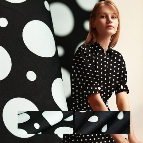 Twill black&white polka dots printed cupro fabric,good drape and smooth,sewing for dress,skirt,shirt,pants,craft by the ya