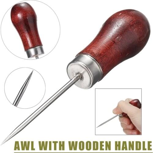 Leather Wood Handle Awl Tools DIY Leather Craft Cloth Maker Stitching Overstitch Awl Tool Pin Punching Hole Stitching Tool