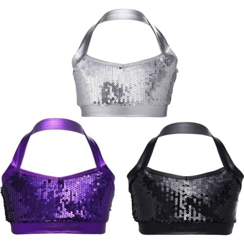 TiaoBug Kids Halter Shiny Sequins Mini Crop Tops Children Dance Wear Stage Performance Party Costume Girls Gymnastics Ballet Top