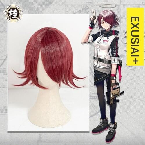 UWOWO Game Arknights Exusiai Cosplay Wig 35cm Wine Red Short Hair Sniper Cosplay Wig