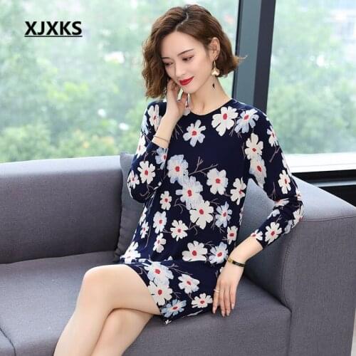 XJXKS 2020 autumn winter new high quality digital printing women long sweater comfortable cashmere knitted dress women pullover