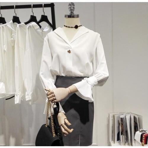 Womens spring autumn Long flare sleeve v neck white chiffon shirt female casual loose basic Shirt plus size tops Blouse TB459