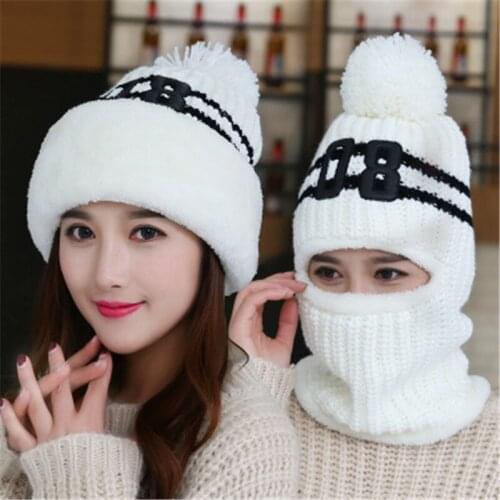 2019 Women Knitted Lining Winter Hat Cotton Blending Warm Cap Skullies Knit Hats Casual Warm Thick Neck Scarves beanie hat