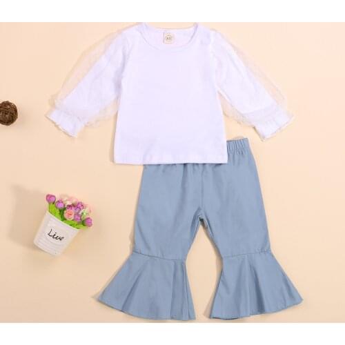 0-4Y Fashion Toddler Baby Girls Clothes Sets Solid Mesh Lace Long Sleeve Pullover Tops Denim Blue Flare Pants 2pcs