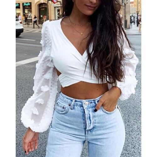 2020 Women OL Shirts Celmia 2020 Fashion Long Lantern Sleeve Lace Blouses Sexy V Neck backless Cross Crop Tops Casual Blusas