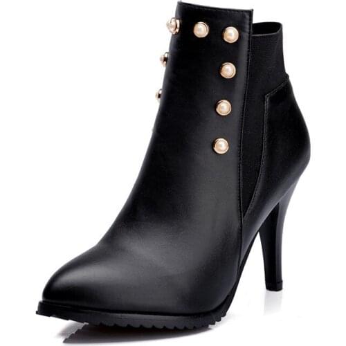 Rivets Pointed Toe Winter Women Boots Black Red High Heels Warm Ankle Boots for Women Shoes Sexy Ladies Shoes XKD2041