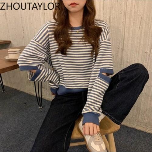 ZHOUTAYLOR Sweatshirt Women Office Lady Striped Fashion O-Neck Pullovers Femme Full Sleeve Loose Autumn 2021 New Tops Female