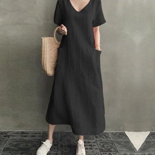 Women Long Maxi Summer Dress Casual Cotton Linen Ladies Big Pockets Beach Party Robe Femme Vestidos Plus Size 3XL