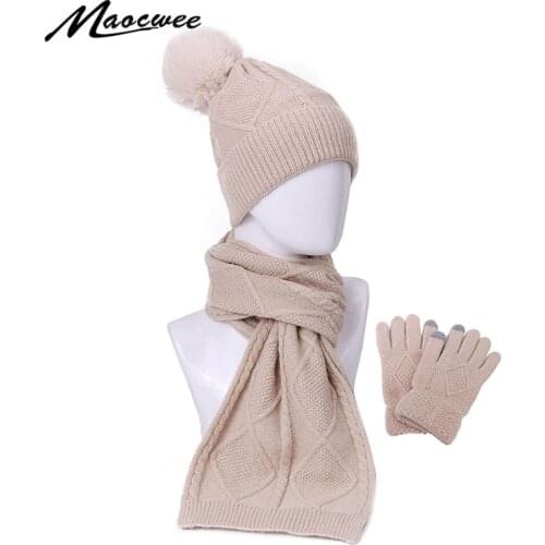 Winter Beanie Hat Scarf Gloves Three-piece Set Women Men Touch Screen Gloves Outdoor Warm Velvet Knitted Pompon Beanie Hats Sets