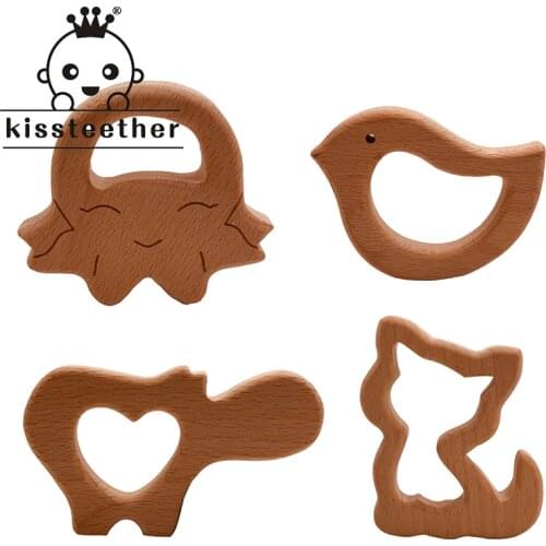 Kissteether Baby Wooden Teether 1pcs Natural Wooden Animal Elephant Bunny Teething Rattle Montessori Inspired Nursing Pendant