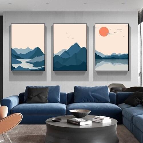 Abstract Japanese Style Sunset Mountain Lake Canvas Painting Modern Landscape Posters and Prints Wall Art Picture for Home Decor