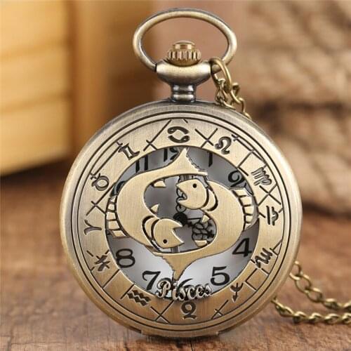 Bronze Pisces Necklace Children Pocket Watch Twelve Constellations Pendant Chain Quartz Watches Women/ Men Fish Reloj