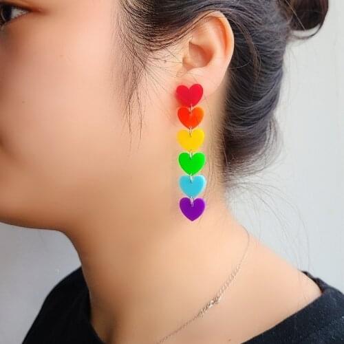 Rainbow Long Hearts Dangle Earrings Girls hoop Earrings For Women Girls acrylic Piercing Earrings Weddings Bride Jewelry Gifts