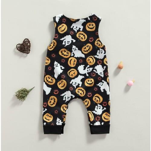 2021 Cotton Newborn Baby Romper, Kids Halloween Pumpkin Print Round Neck Sleeveless de bebe Jumpsuit for Girls, 0-24 Months