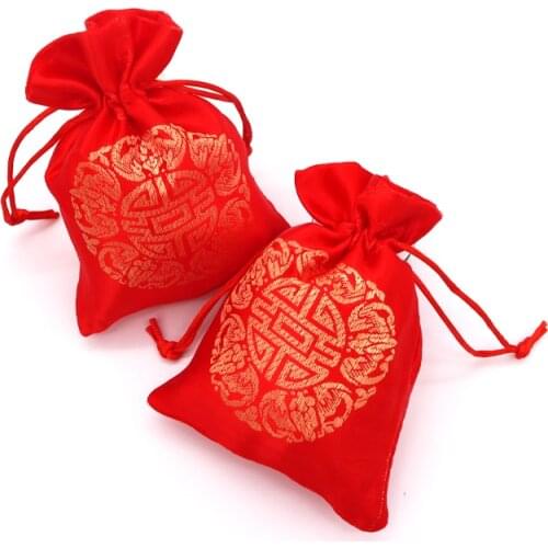 17x23cm Red Happiness Soft Satin Drawable Gifts Bags 5pcs/lot Candy Jewelry Packaging Chinese Style Pouches for Wedding Party