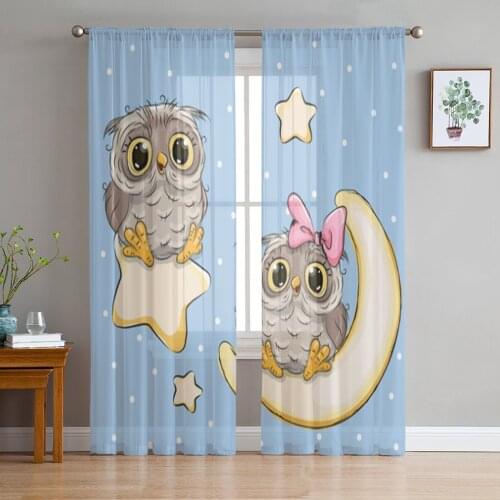 Cute Owl Star Moon Sheer Curtains for Living Room Bedroom Tulle Curtains Kitchen Window Treatments Panel Drapes