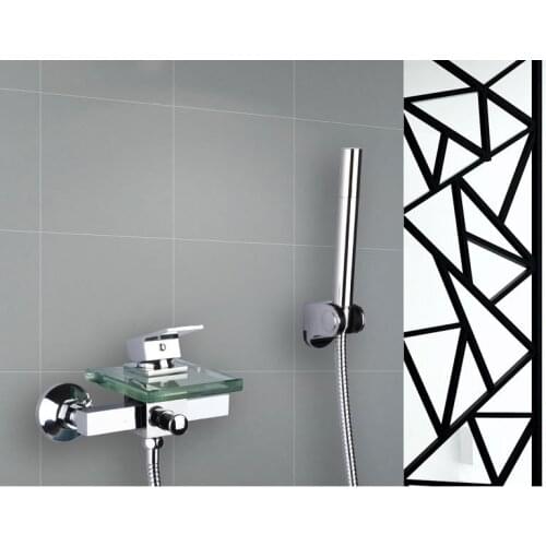 Wall mounted waterfall shower faucet glass set, Copper bathtub faucet shower chrome, Bathroom handheld shower head faucet mixer