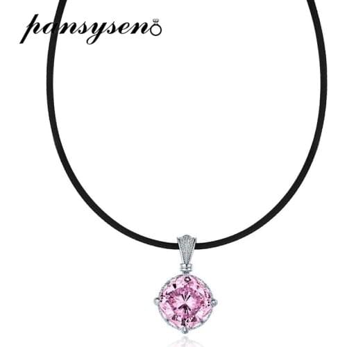 PANSYSEN 100% 925 Sterling Silver 14MM Cushion Pink High Carbon Diamond Pendant Necklaces Special Magnetic Leather Rope Necklace
