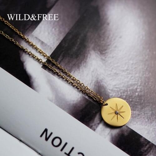 Wild&Free New Stainless Steel Gold Pendant Necklace For Women Girls Vintage Round Disc Star Shape Simple Necklace Jewelry Gift