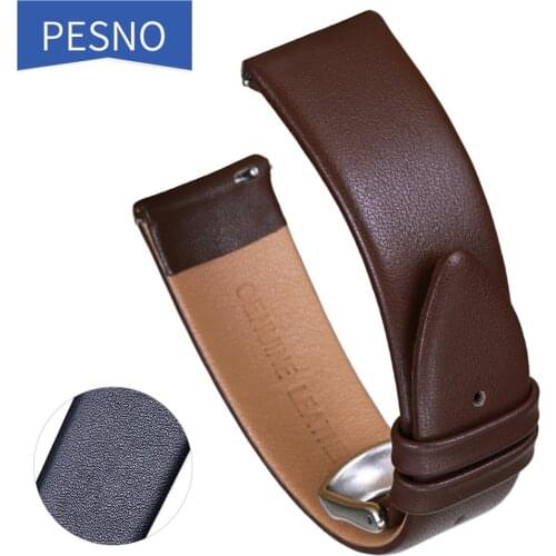 PESNO Smooth Grain Calf Skin Genuine Leather Watch Band Soft Wrist Watch Straps Black Brown 18mm19mm20mm21mm Quick Release Pin