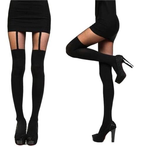 Sexy Women Black Fake Garter Belt Suspender Tights Over The Knee Hosiery Stockings Gifts Wholesale