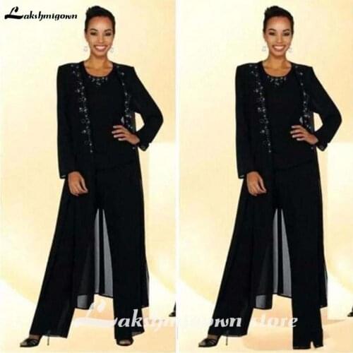 Modest Black Three Pieces Mother Of the Bride Dresses with Jacket Plus Size Pant Suit Bead Applique Mothers Chiffon Pant Suit