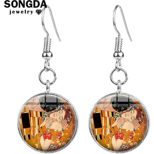 SONGDA The Kiss Gustav Klimt Cameo Glass Art Earrings Literary and Artistic Style World Famous Painting Drop Earings Lovers Gift