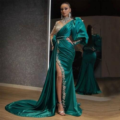 Special Arabic Evening Dresses 2020 High Neck Beaded Rhinestones Applique Side Split Sexy Prom Gown Long Sleeves Formal Party