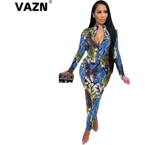 VAZN New Leaf Pattern V-neck Elegant Fashion Mujer Chic Ladies Slim Holiday Shinny Dress 2020 Full Sleeve Lady Maxi Dress