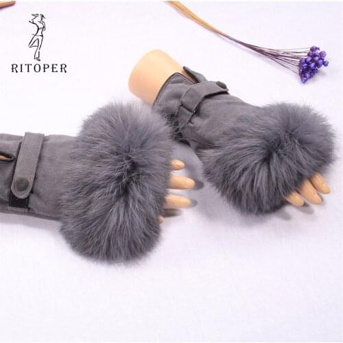 RITOPER Women Genuine Leather Sheepskin Gloves Handschoenen Handwarmer Fur Fingerless Gloves Cashmere Warm Velvet Hoge kwaliteit