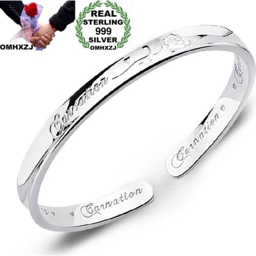 OMHXZJ Wholesale European Fashion Woman Man Party Wedding Gift Rose Words S999 Sterling Silver Cuff Bangle BA36