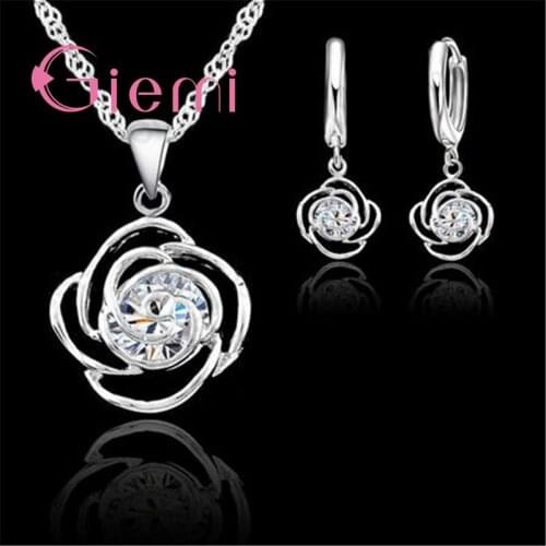 Shiny Flower Cubic Zirconia Jewelry Sets Fashion Hollow Design 925 Sterling Silver Pendant Necklace Earrings for Women