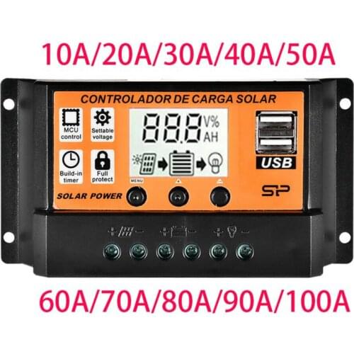 10A/20A/30A/40A/50A/100A Auto Solar Charge Controller LCD Dual USB Solar Panel Regulator Dual USB Voltage Charger 12V24V Power