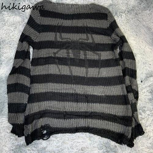 Hikigawa Ripped Torn Mid-length Sweater Female Couple Contrast Color Striped Loose Jumpers Korean Fashion Printed Knitted Tops