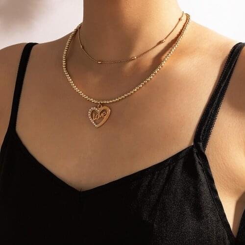 HuaTang Charms Heart Love Pendant Necklace for Women Girls Gold Color Beaded Choker Necklace Weddings Jewelry Anniversary Gift