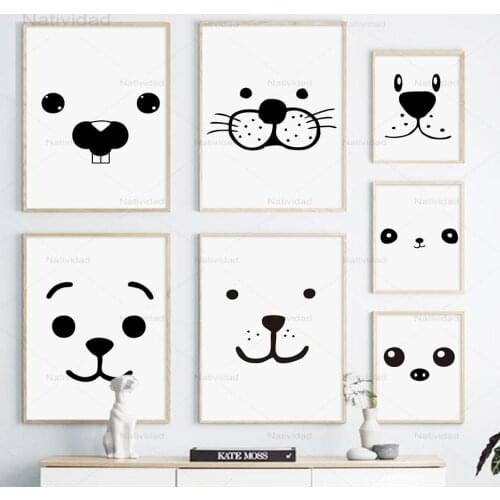 Kawaii Bear Dog Face Wall Art Canvas Painting Black White Cartoon Nordic Posters and Prints Wall Pictures for Living Room Decor